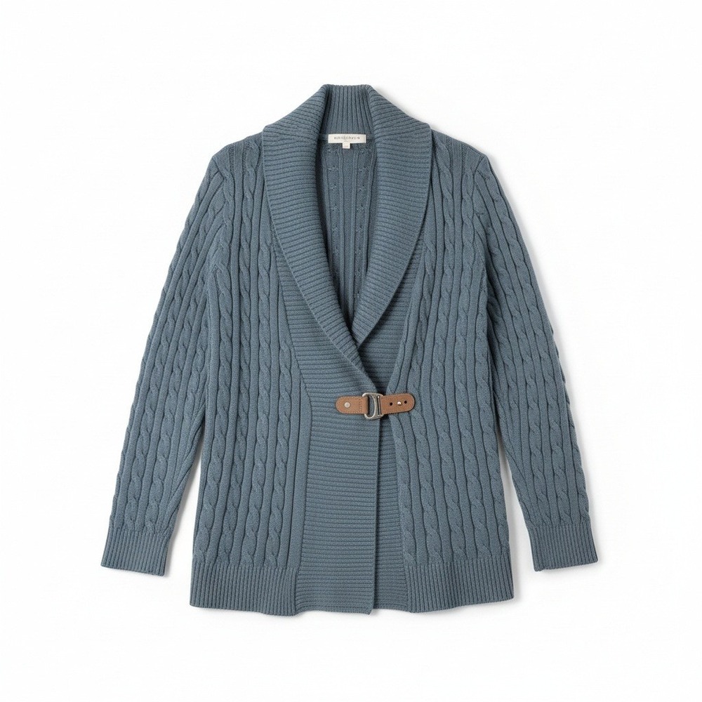 Surroundings Sage Cable Knit Cardigan Faux Leather Buckle Closure Size M ZGL93
